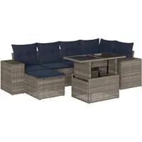 vidaXL 7-delige tuinbankset met kussens, grijs polyrotan