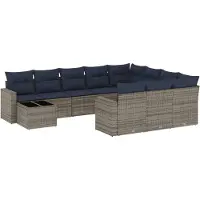 vidaXL 11-delige tuinbankset met kussens, grijs polyrotan
