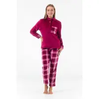 Gaubert Dames Fleece Huispak en Pyjama - Hoge Kraag met Knopen - Tartan Style - Superzacht Fleece - Fuchsia - 2504 - Maat XXL