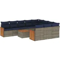 vidaXL 11-delige tuinbankset met kussens, grijs polyrotan
