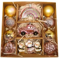 Villa Volance Luxe Kerstballen Set – 12-delig – Goud & Roze – Inclusief Regenboog, Auto & Santa Figuren – Glanzende Kerstdecoratie