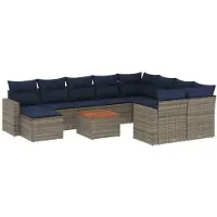 vidaXL 11-delige tuinbankset met kussens, grijs polyrotan
