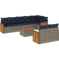 vidaXL 9-delige tuinbankset met kussens, grijs polyrotan
