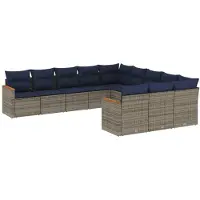 vidaXL 11-delige tuinbankset met kussens, grijs polyrotan
