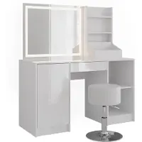 Vicco Sherry Kaptafel set met kruk – 128.2 cm met LED-spiegel en kruk Wit/wit hoogglans