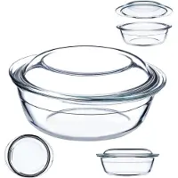 Kadax Ovenschaal van hittebestendig glas, vuurvast glas, glazen braadpan met deksel en handgrepen, servies om te braden, oven, elektrisch fornuis, voor lasagne, vlees, transparant (rond, 2,2 liter)
