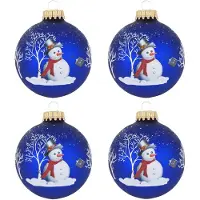 Merkloos 4x stuks luxe glazen kerstballen 7 cm blauw met sneeuwpop - Kerstbal
