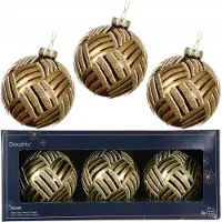 Kaemingk Glazen Kerstballen 8cm Goud met Glitter & Witte Lijnen - Set van 3