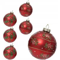 Kaemingk Kerstballen Rood Glas 8cm 6 Stuks met Takjes & Parels