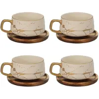 Intirilife 4x Kop keramiek met marmerdesign in Wit - ongeveer 200 ml - Koffiemok, theemok met houten onderzetter Mok