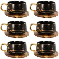Intirilife 6x Kop keramiek met marmerdesign in Zwart - ongeveer 200 ml - Koffiemok, theemok met houten onderzetter Mok