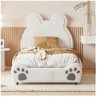 MUVOE Geklede bed Mooi kinderbed, 90 x 200 cm, in de vorm van een beer. Eenpersoonsbed van zacht velours voor de huid, wit