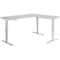 Schäfer Shop AERO FLEX hoekbureau, elektrisch in hoogte verstelbaar, hoek 90°, T-voet, B 2000 x D 1600 mm, aluminium lichtgrijs/wit + memorypaneel