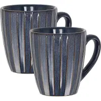 Discountershop Koffiekopjes Set van 2 – Donkerblauwe Geribbelde Mokken 200ml met Oor – Keramische en Aardewerk Koffiemokken – Theemokken en Cappuccino Kopjes – Ribbel Design Verticaal Reliëf
