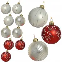 Kaemingk Decoratieve Kerstballen Wit Rood Zilver 12 stuks 8cm Mat met Lijnen