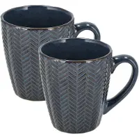 Discountershop Koffiekopjes Set van 2 – Donkerblauwe Mokken 200ml met Oor – Aardewerk en Keramische Koffiemokken – Theemokken voor Koffie en Thee – Visgraat Reliëf Design