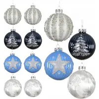 Kaemingk Blauw Witte Glazen Kerstballen 12 stuks Decoratief 8 cm