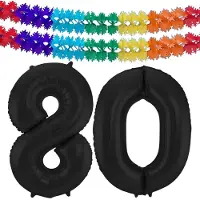 Folat folie ballonnen - Leeftijd cijfer 80 - zwart - 86 cm - en 2x feestslingers gekleurd 600 cm - versiering - feestartikelen