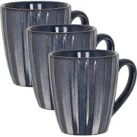 Discountershop Koffiekopjes Set van 3 – Donkerblauwe Geribbelde Mokken 200ml met Oor – Keramische en Aardewerk Koffiemokken – Theemokken en Cappuccino Kopjes – Ribbel Design Verticaal Reliëf