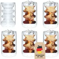 Intirilife 6x Dubbelwandig thermoglas - stijl met groeven - 190 ml inhoud - Mondgeblazen geïsoleerd voor latte macchiato, als theeglas of koffieglas met handvat