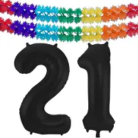 Folat folie ballonnen - Leeftijd cijfer 21 - zwart - 86 cm - en 2x feestslingers gekleurd 600 cm - versiering - feestartikelen