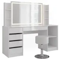 Vicco Sherry Kaptafel set met kruk – 158.2 cm 5 delen Wit/wit hoogglans