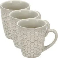 Discountershop Koffiekopjes Set van 3 – Mokken 200ml met Oor – Aardewerk Mok en Koffiemokken – Cappuccino Kopjes en Theemokken voor Koffie en Thee – Wit Hexagon Design