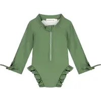 SuperCute badpak UV-Zwempak - UPF50+ donkergroen met lange mouwen, ruffels en drukknoop sluiting maat 74/80