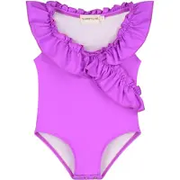 SuperCute baby badpak paars met ruffels en goudkleurige drukknoopjes maat 80/86