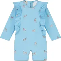 SuperCute UV werend badpak UV-Zwempak - UPF50+, lichtblauw met hertjes en drukknopen en lange mouwen maat 104