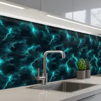 KitchenYeah Keuken achterwand 300x60 cm - Spatscherm zelfklevend Turquoise - Bliksem - Wolken - Muurbeschermer - Spatwand fornuis
