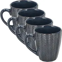 Discountershop Koffiekopjes Set van 4 – Donkerblauwe Mokken 200ml met Oor – Keramische en Aardewerk Koffiemokken – Theemokken en Cappuccino Kopjes – Visgraat Reliëf Design