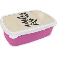 MuchoWow Broodtrommel Roze - Lunchbox Minimalistisch - Tak - Bladeren - Zwart - Brooddoos 18x12x6 cm - Brood lunch box - Broodtrommels voor kinderen en volwassenen