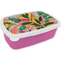 MuchoWow Broodtrommel Roze - Lunchbox Tropisch - Bladeren - Zwart - wit - Brooddoos 18x12x6 cm - Brood lunch box - Broodtrommels voor kinderen en volwassenen