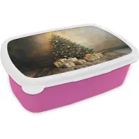 MuchoWow Broodtrommel Roze - Lunchbox Kerstboom - Cadeaus - Goud - Brooddoos 18x12x6 cm - Brood lunch box - Broodtrommels voor kinderen en volwassenen
