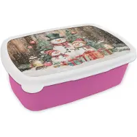 MuchoWow Broodtrommel Roze - Lunchbox Sneeuwpop - Familie - Kleurrijk - Brooddoos 18x12x6 cm - Brood lunch box - Broodtrommels voor kinderen en volwassenen