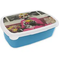 MuchoWow Broodtrommel Blauw - Lunchbox Vrouw - Kat - Bloemen - Kopje - Retro - Brooddoos 18x12x6 cm - Brood lunch box - Broodtrommels voor kinderen en volwassenen
