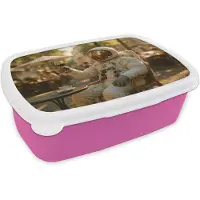 MuchoWow Broodtrommel Roze - Lunchbox Wijn - Rood - Terras - Koffie - Brooddoos 18x12x6 cm - Brood lunch box - Broodtrommels voor kinderen en volwassenen