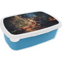 MuchoWow Broodtrommel Blauw - Lunchbox Kerstman - Haard - Donker - Brooddoos 18x12x6 cm - Brood lunch box - Broodtrommels voor kinderen en volwassenen