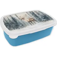 MuchoWow Broodtrommel Blauw - Lunchbox Rendier - Sneeuw - Woud - Wit - Brooddoos 18x12x6 cm - Brood lunch box - Broodtrommels voor kinderen en volwassenen