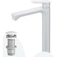 AM.PM Badmengkraan met hoge hals en pop-up afvoer voor wastafel, witte badkamer. Wastafelmengkraan met afvoer set, 1 1/4 inch, messing