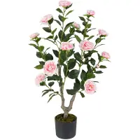 Costway 90 cm kunstboom met bloemen, kunstmatige cameliaboom, kunstplant in pot, cameliaplant met 16 bloemen en 116 bladeren, kunstbloem voor thuis, kantoor, kamerplant, decoratieve plant (roze)