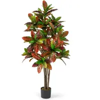 Costway Kunstplant 150 cm, kunstplant Kroton, palmboom met kleurrijke bladeren en natuurlijke houten stam, kunstboom in pot, tropische palm, kamerplant, voor kantoor, thuis, rood + groen