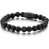 Frank 1967 - 7FB-0049 - Rekbare Natuurstenen Armband Heren - Lava Steen met Stalen element - 8mm - 20cm - Zwart