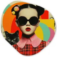 MuchoWow Organische wanddecoratie 60x60 cm - Organisch schilderij Meisje - Zonnebril - Kat - Retro - Muurdecoratie woonkamer - Kamer decoratie - Schilderijen - Muurcirkel aesthetic
