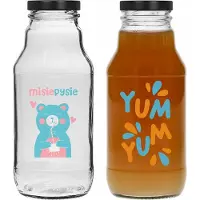 Browin 6x 330 ml glazen flessen met "Misie Pysie" gedrukt op de voorkant van Juice