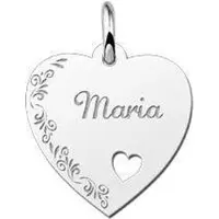MOOYE ® - Collectie Zilveren graveerplaatje Hart met hartje en bloemenrand ketting hanger