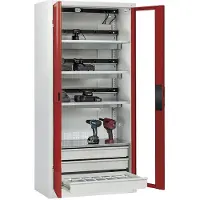C+P Comfort acculaadkast met acrylglas doorkijkvenster, H 1950 x B 930 x D 500 mm, lichtgrijs/ruinrood