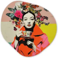 MuchoWow Organische wanddecoratie 90x90 cm - Organisch schilderij Retro - Vrouw - Kopje - Vlinders - Muurdecoratie woonkamer - Kamer decoratie - Schilderijen - Muurcirkel aesthetic