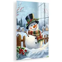 MuchoWow Glasschilderij 120x180 cm - Schilderij acrylglas - Sneeuwpop - Winterdorp - Kleurrijk - Foto op glas - Muurdecoratie woonkamer - Wanddecoratie slaapkamer - Schilderijen